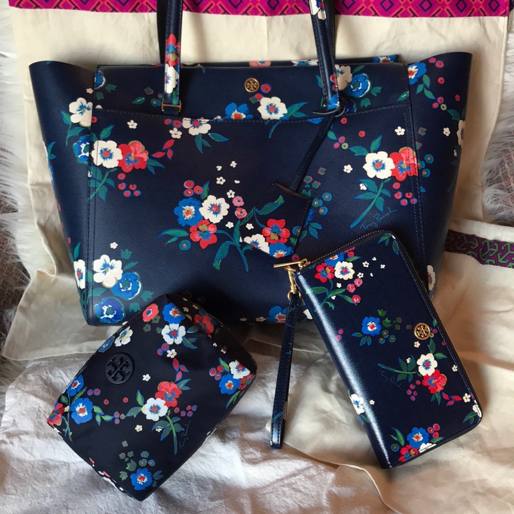 Tory Burch Large Floral Parker Tote Set EUC